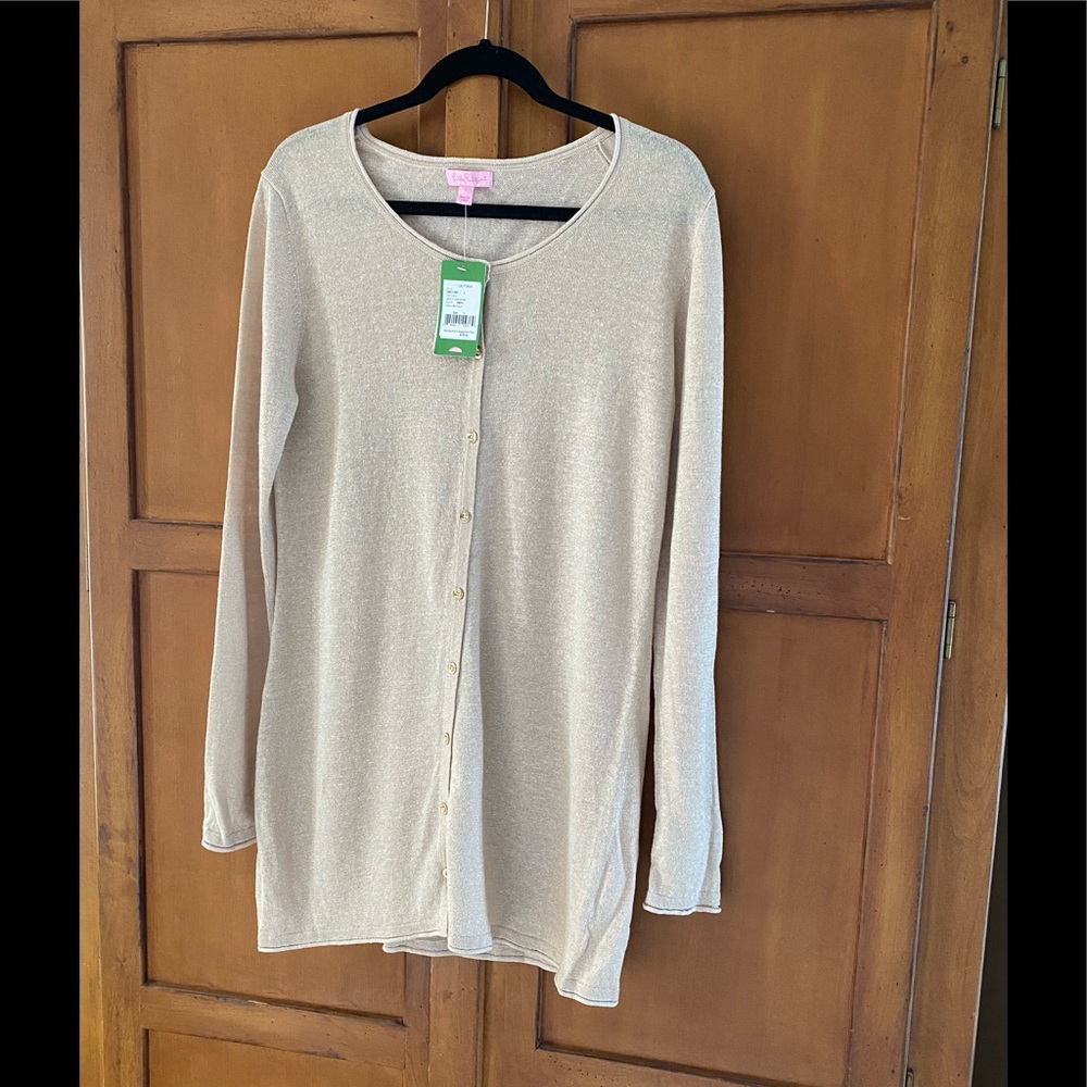 Long buttoned down gold Lilly Pulitzer cardigan
